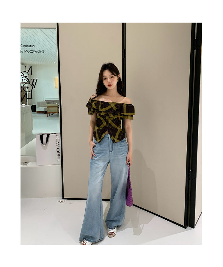 Camouflage ruffle edge one-word off-the-shoulder short-sleeved shirt women