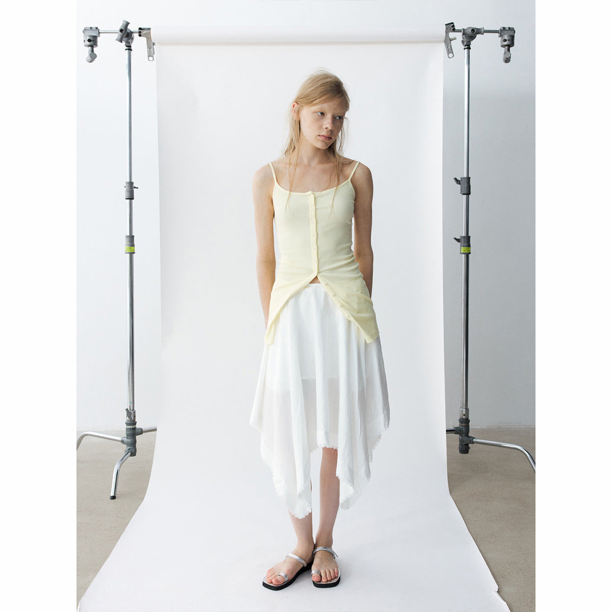 Summer new casual high-waisted Tencel irregular square lace edge medium-length skirt