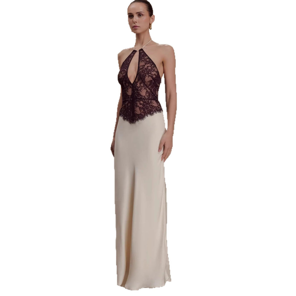 New sexy satin lace neck dress splicing hollow waist European and American suspender dress women