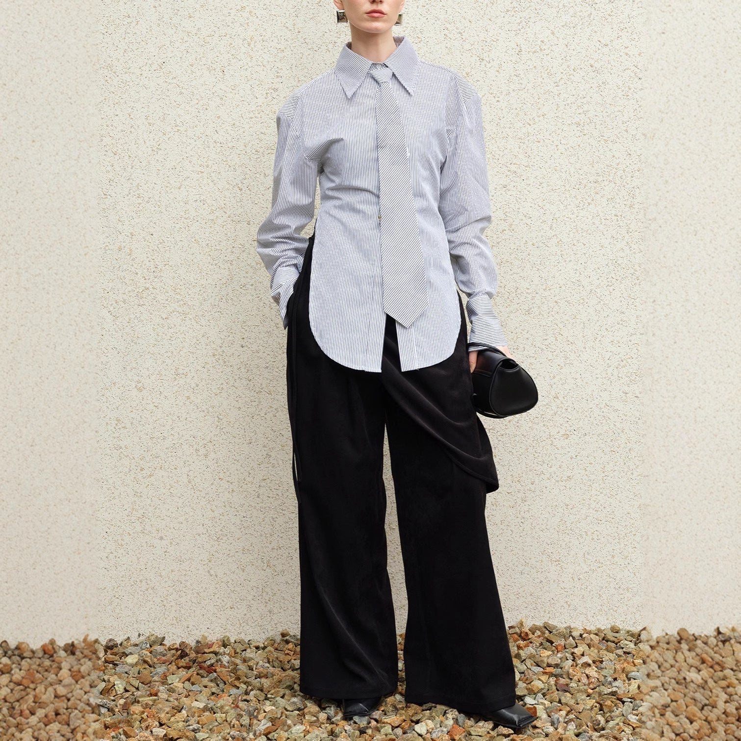 Simple striped shirt women can wear new design sense tie side slit top cross-border South East Asia