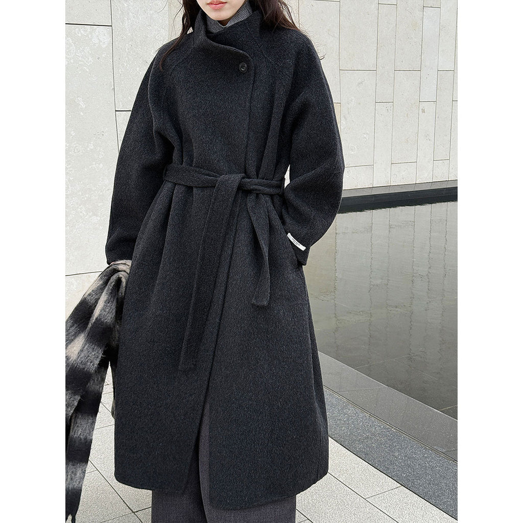 Korean version lazy diagonal buckle collar long double-sided woolen coat women's new woolen coat in winter