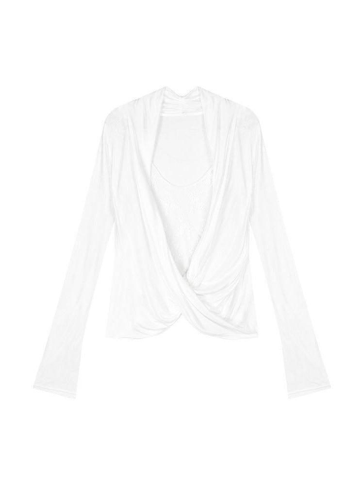 V-Neck Long Sleeve T-Shirt Women Slim Fit Lace Splicing Layered Top