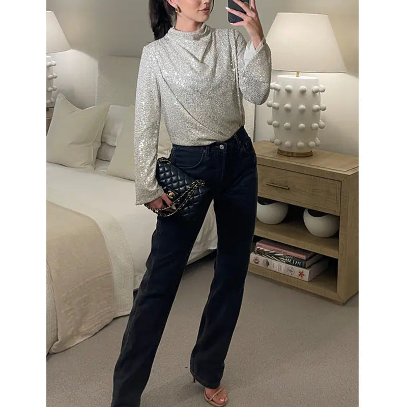 New silver long-sleeved bead long-sleeved shirt fashion round neck sequined shirt top women