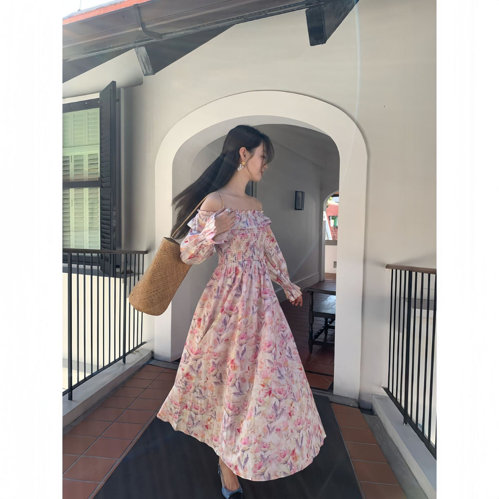 Early spring French sweet temperament age-reducing one-word shoulder floral dress