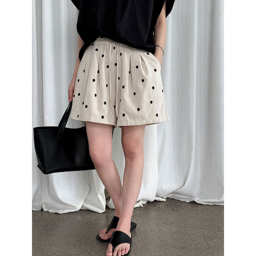 Cotton and linen embroidered polka dot elastic waist shorts women's summer new high-waisted versatile casual wide-leg pants 1953