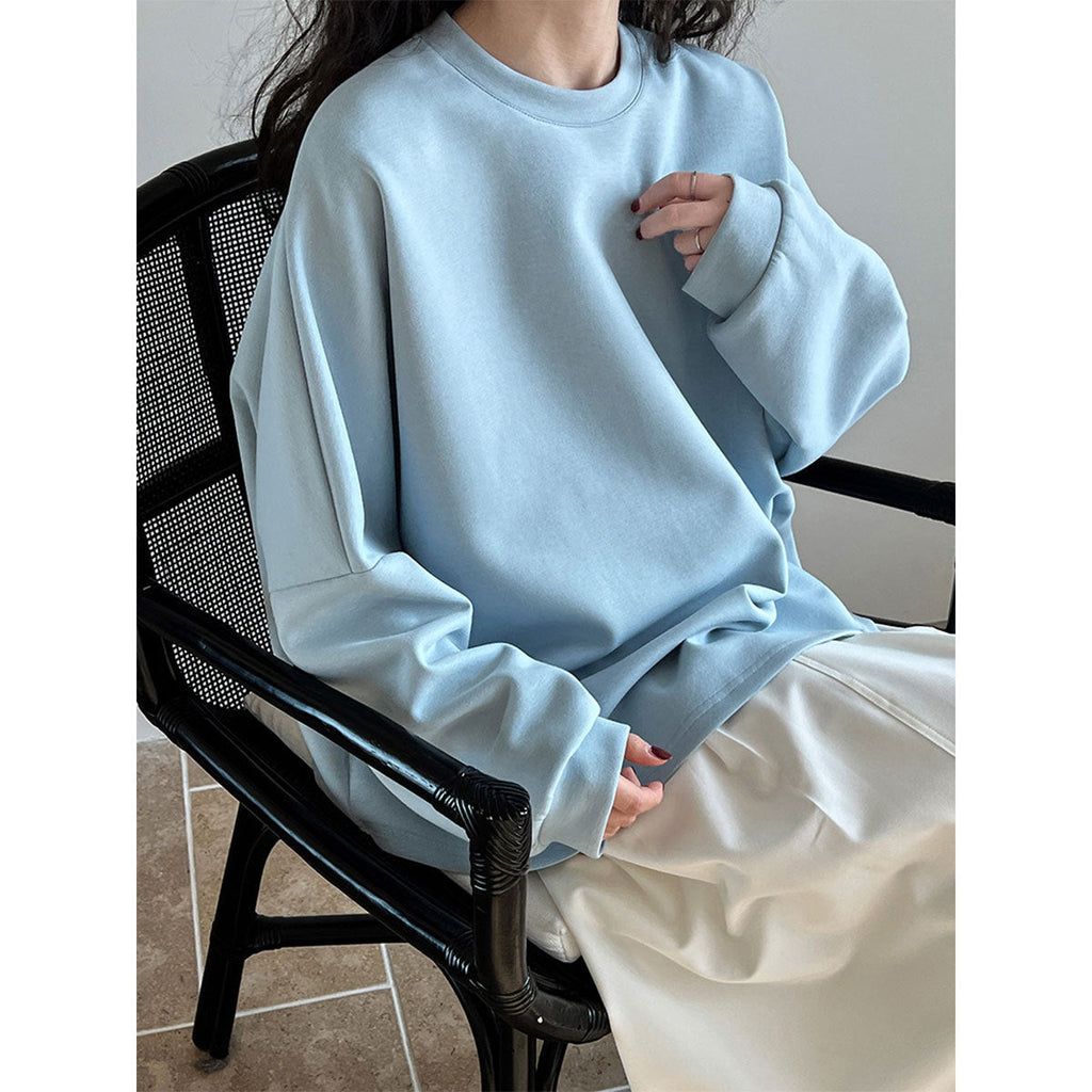 Spring new air cotton T-shirt women's loose silhouette lazy Japanese minimalist shoulder sleeves sweater thin