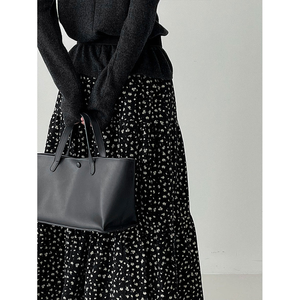 Retro floral splicing large skirt high waist skirt women's autumn new thin plush dress 1728