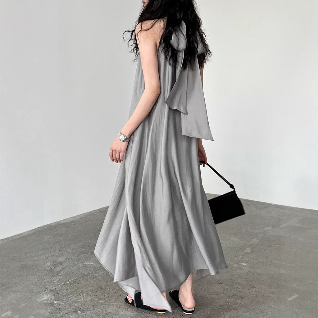 French high-end Tencel streamer halterneck dress women's summer resort style off-the-shoulder fairy dress