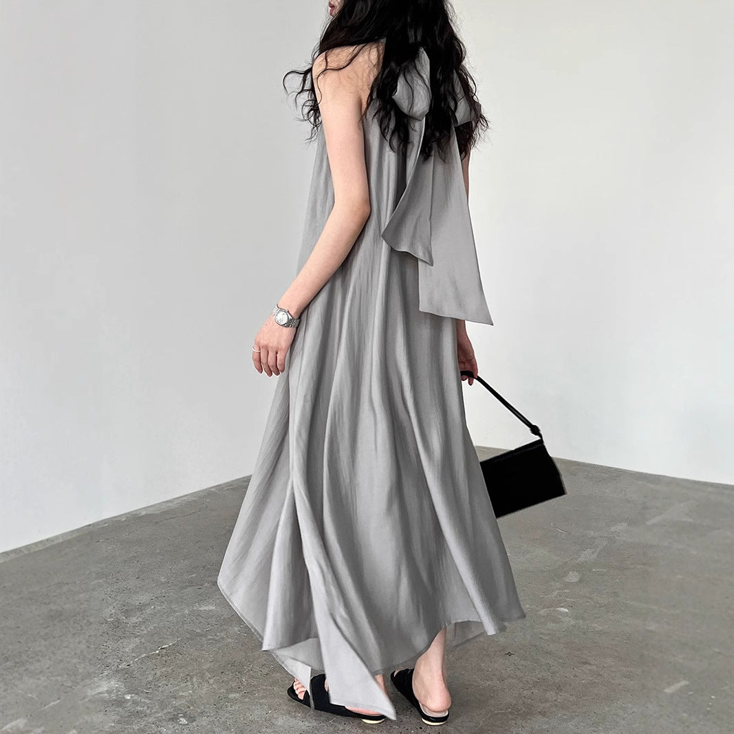 French high-end Tencel streamer halterneck dress women's summer resort style off-the-shoulder fairy dress