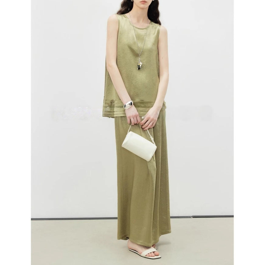 Cool Slightly Wrinkled Satin Flower Grab Slack Striped Crew Neck Sleeveless Top & Elastic High Waist Skirt Set