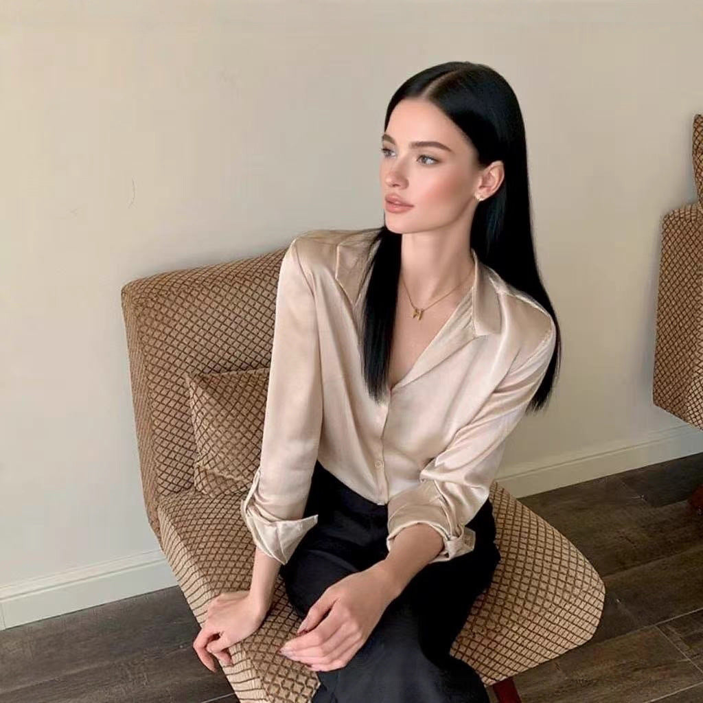 Real autumn and winter new design sense V-neck satin acetic acid shirt women's long-sleeved shirt versatile top