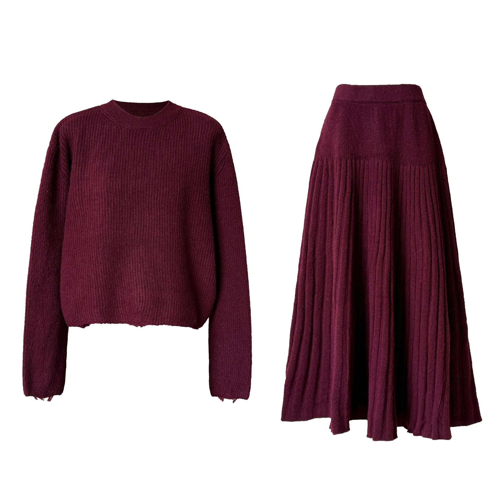 Korean lazy style crew neck knitted sweater + high waist and thin pleated skirt women's autumn and winter suit