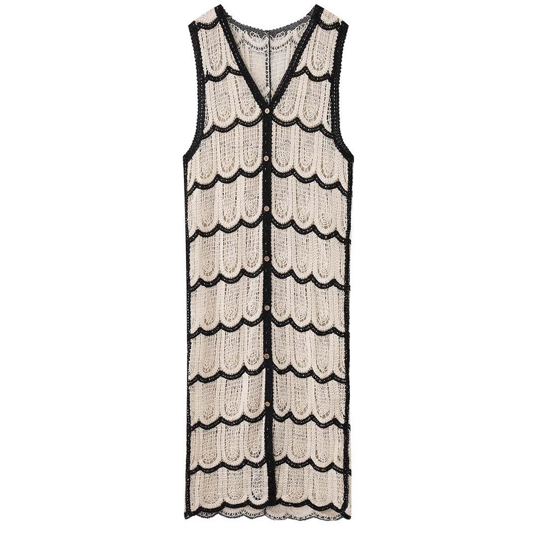 New French bohemian wave crochet long knitted cardigan holiday top women
