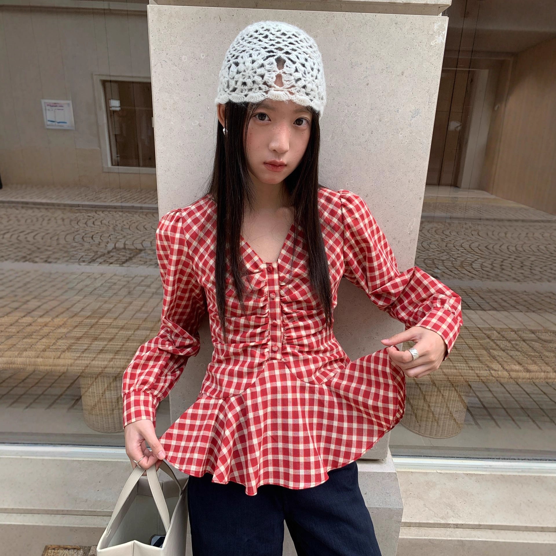 Women's V-Neck Plaid Ruffle Pleated-Waist Slim-Fit Long Sleeve Cotton Shirt