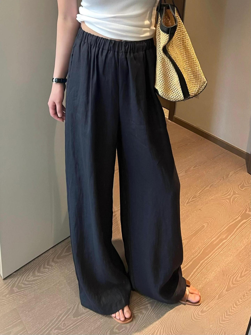 Thin loose drape lazy style high waist straight casual mopping cotton and linen wide-leg pants