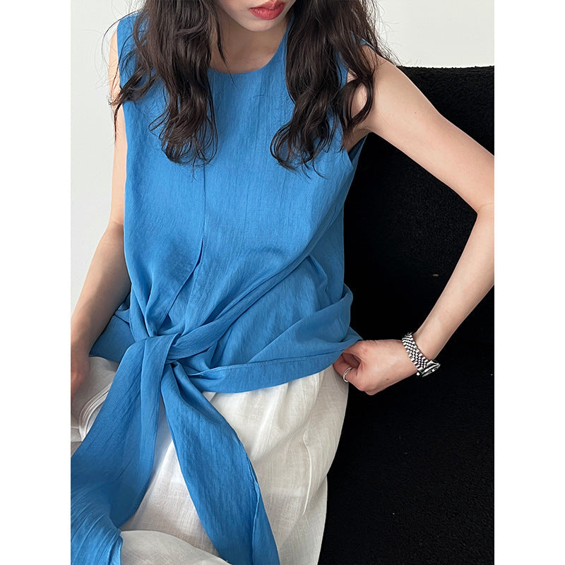French high-end kinked strap waist short-sleeved top summer new versatile and thin shirt