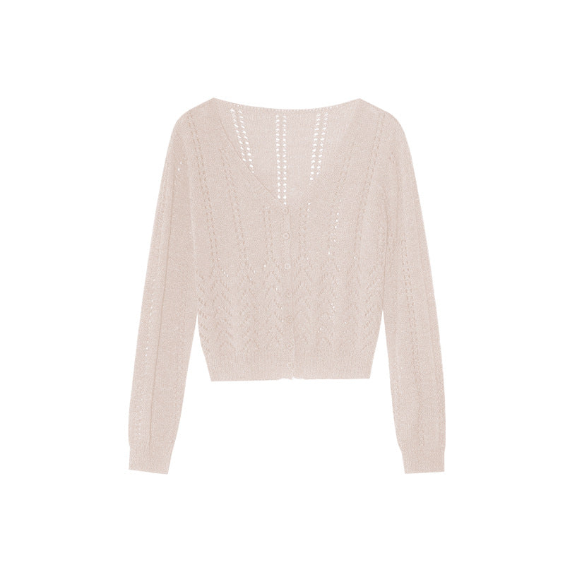 Casual single-row deep v-neck hollow-knit cardigan sweater