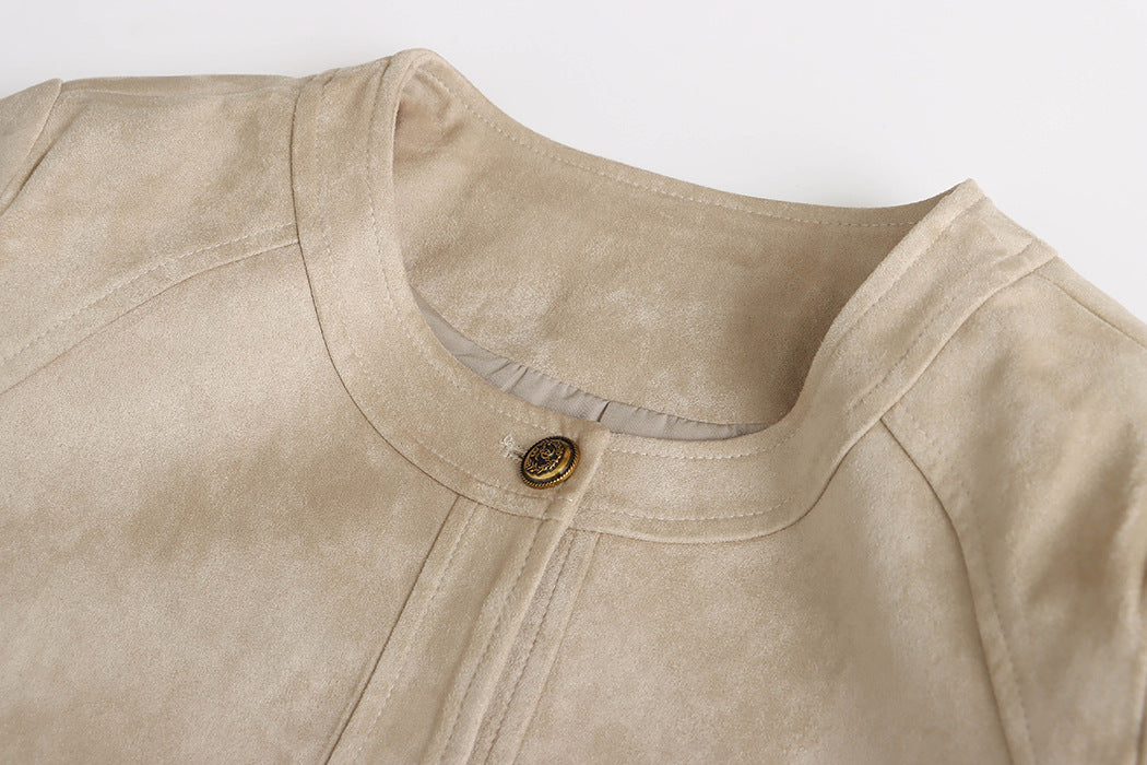 Vintage temperament imitation suede crew neck gold buckle jacket small man