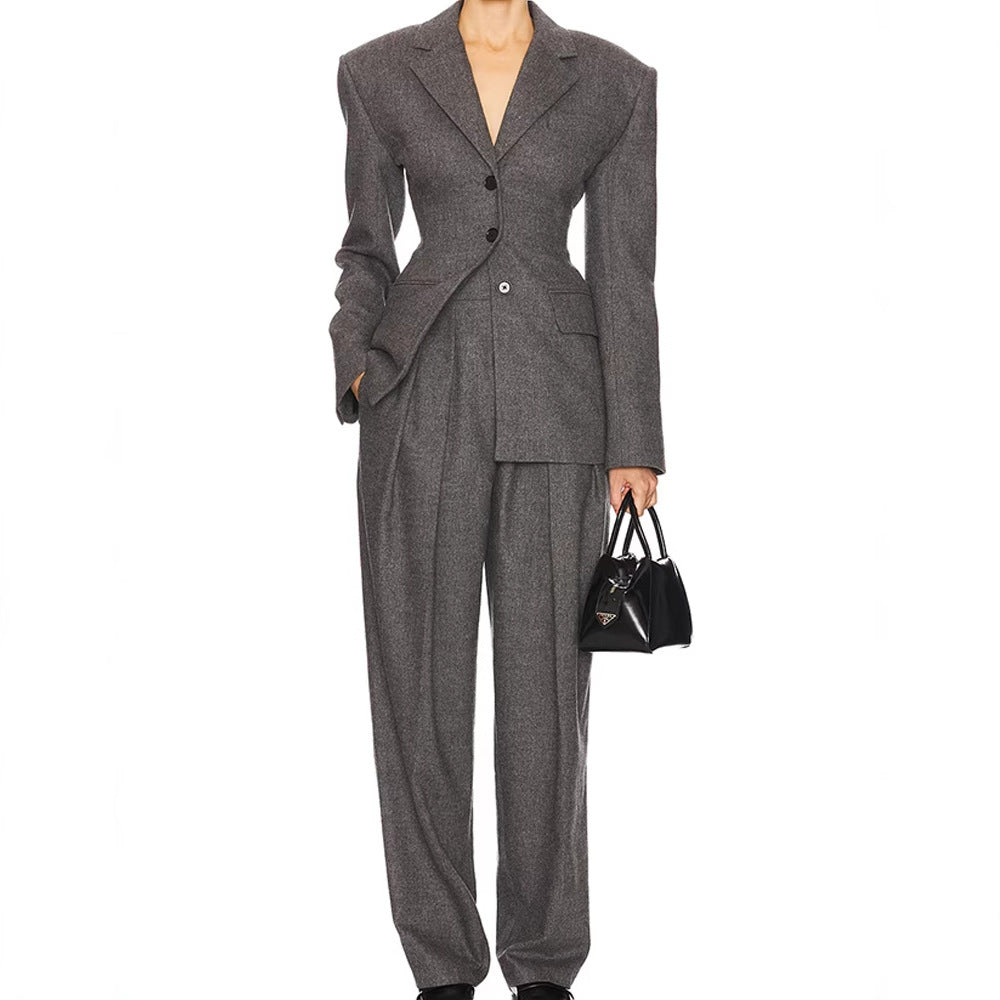 Wool Blazer Women Slim Fit Suit Collar Three-Button Mid-Length Jacket