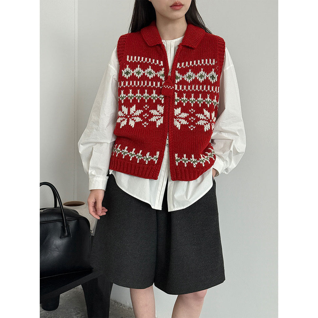 Fair Island Jacquard Double Zip Lapel Pullover