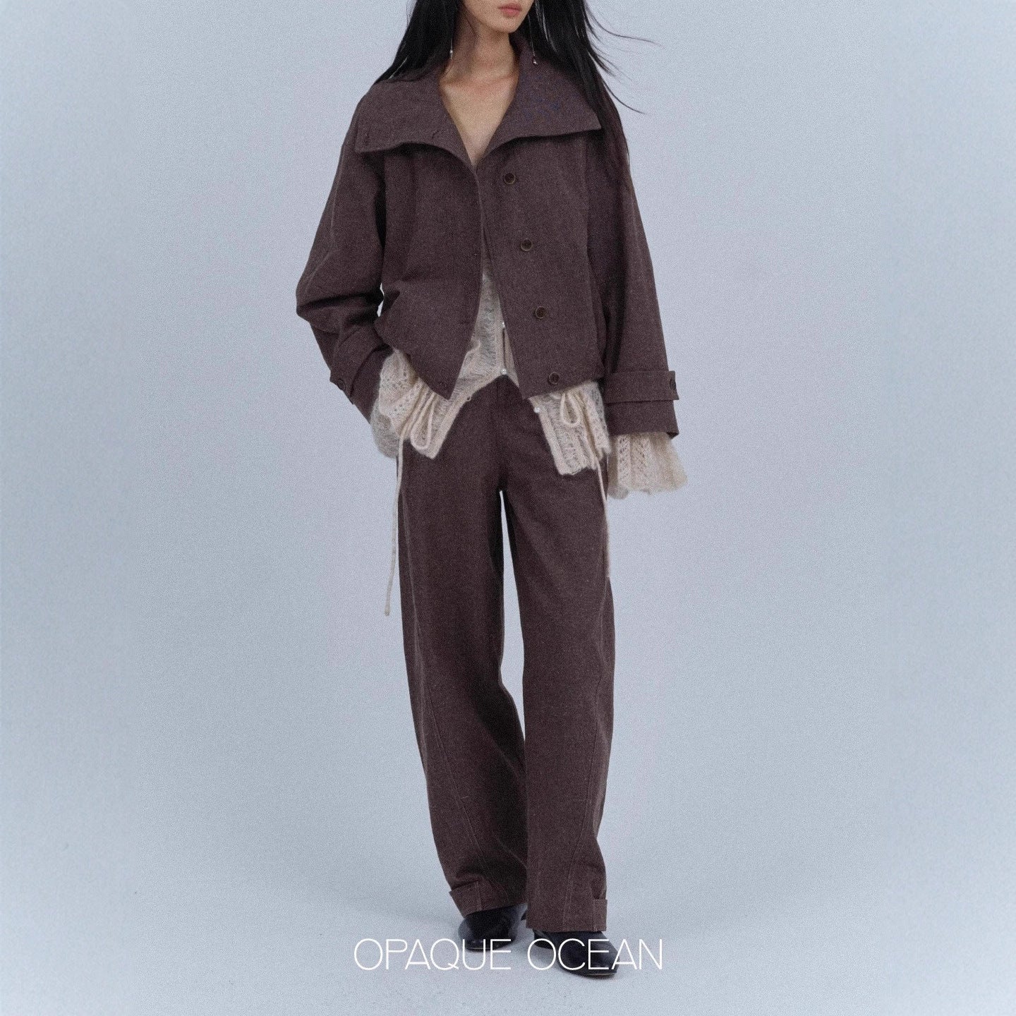 Oversized Mohair Wool Cardigan | V-Neck Drawstring Pearl Button Ruffle Hem
