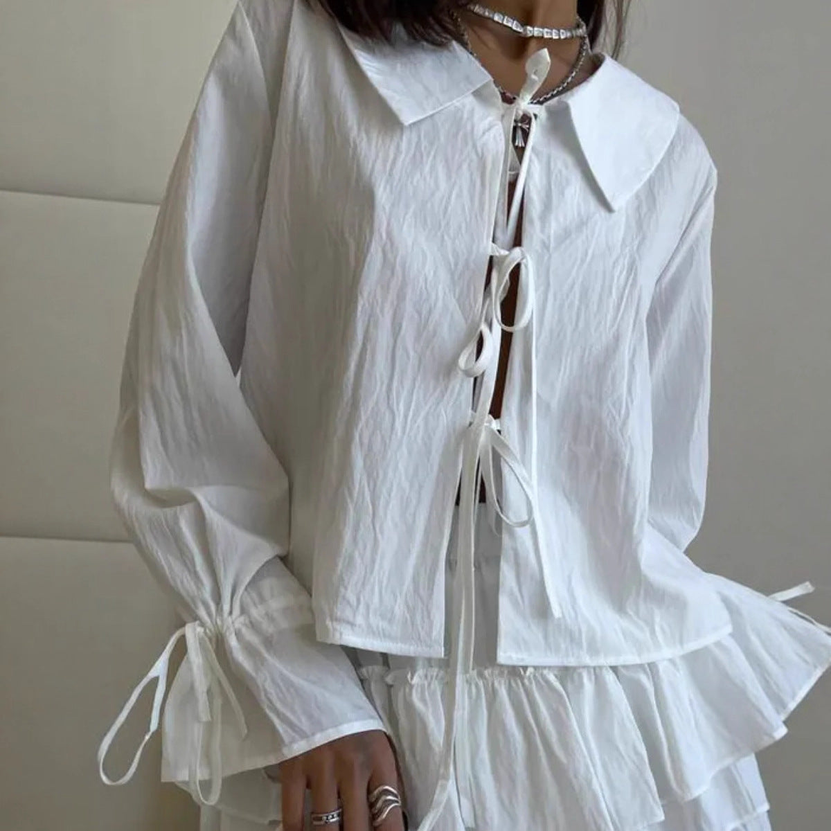 Fashion lace-up shirt top short skirt women's casual loose suit two-piece set