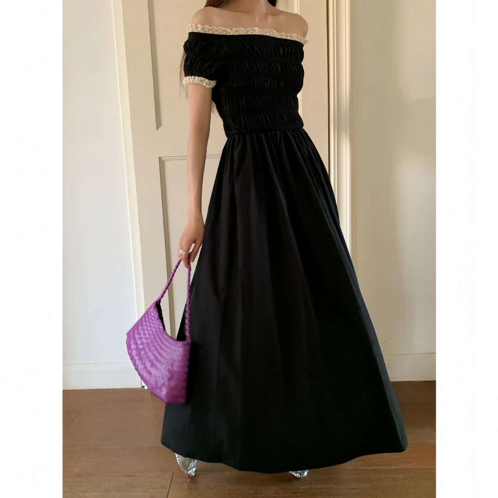 Women's Off-Shoulder Square Collar High-Waist Pleated A-Line Maxi Dress