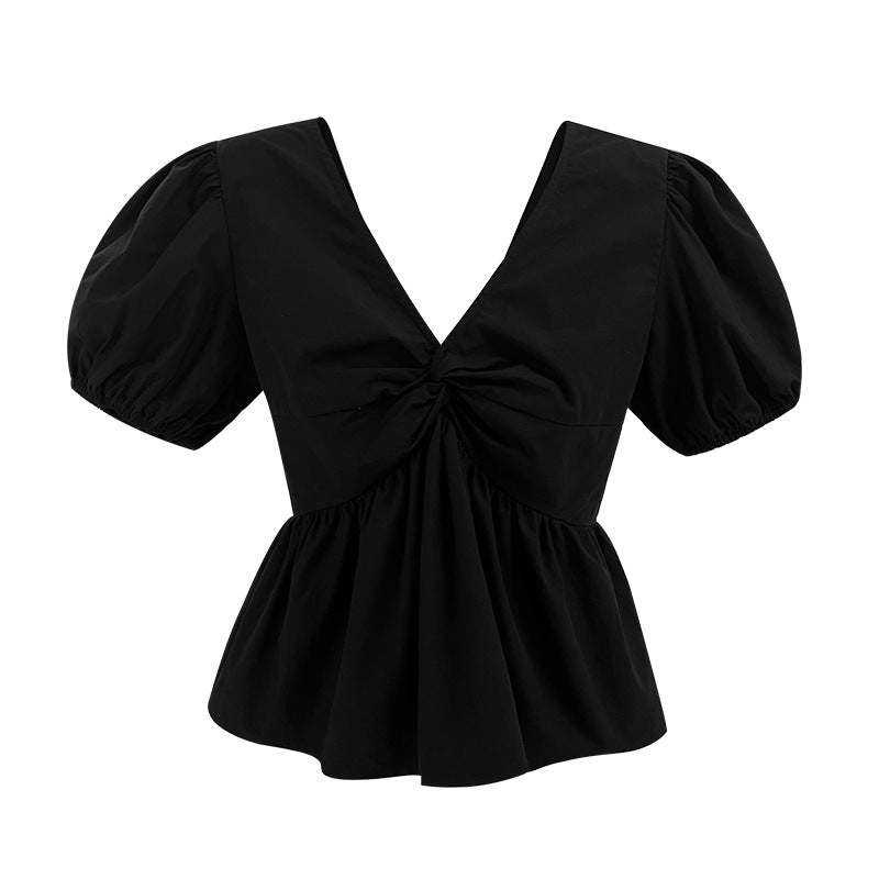 Summer French sweet waist and age-reducing V-neck thin shirt