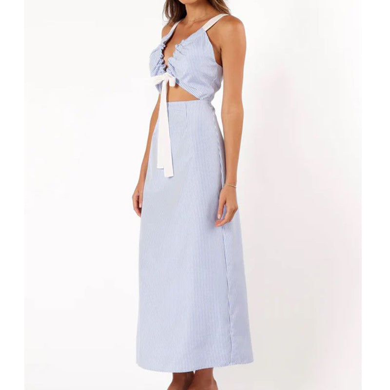 Summer Fashion Vacation Style Hollow Strap Dress Slim Spice Girl French Checked Dress