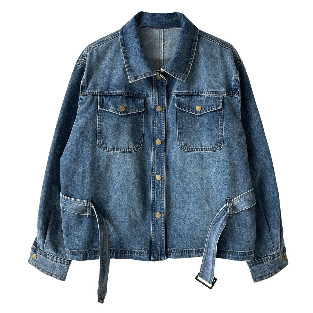 Vintage washed denim jacket women's spring new lapel lace-up waist jacket top