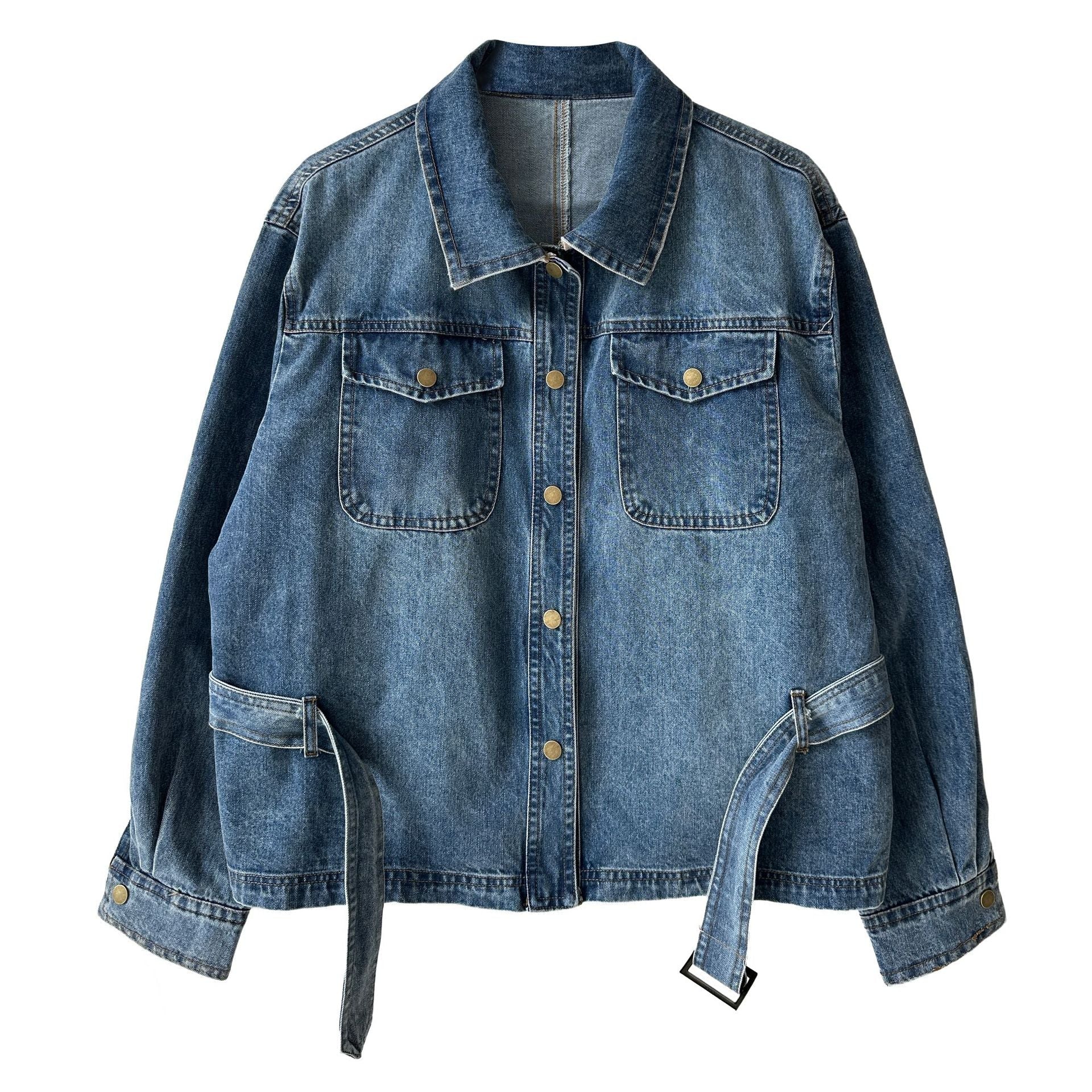 Vintage washed denim jacket women's spring new lapel lace-up waist jacket top