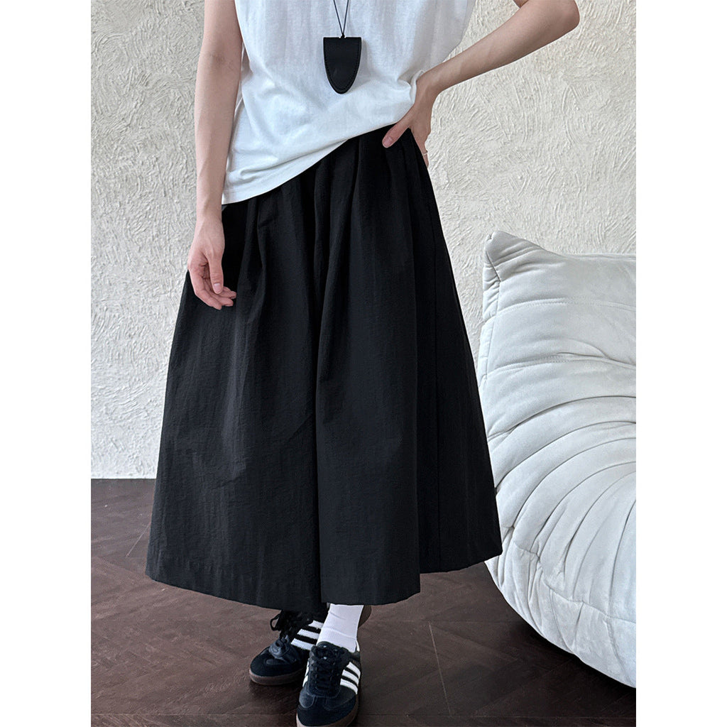 Design sense casual A-shaped loose wide-leg pants summer pleated elastic waist silhouette seven-point pants