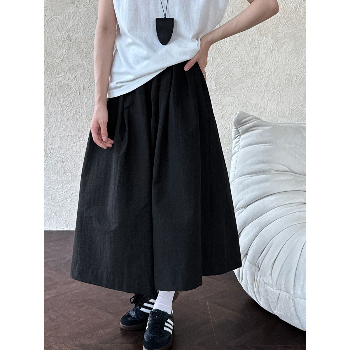 Design sense casual A-shaped loose wide-leg pants summer pleated elastic waist silhouette seven-point pants