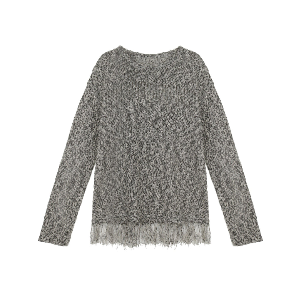 Fringed long-sleeved knitted sweater loose lazy top