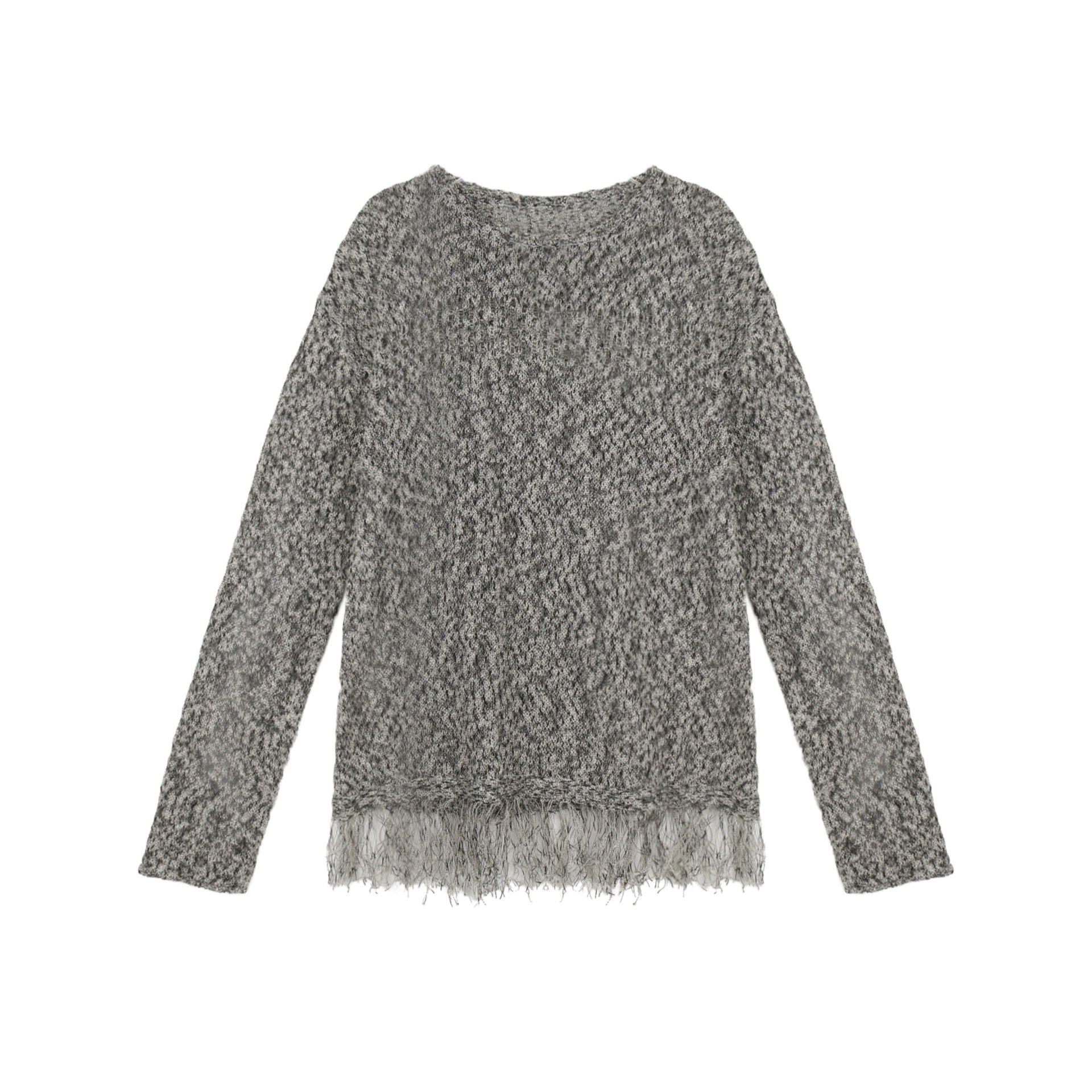 Fringed long-sleeved knitted sweater loose lazy top