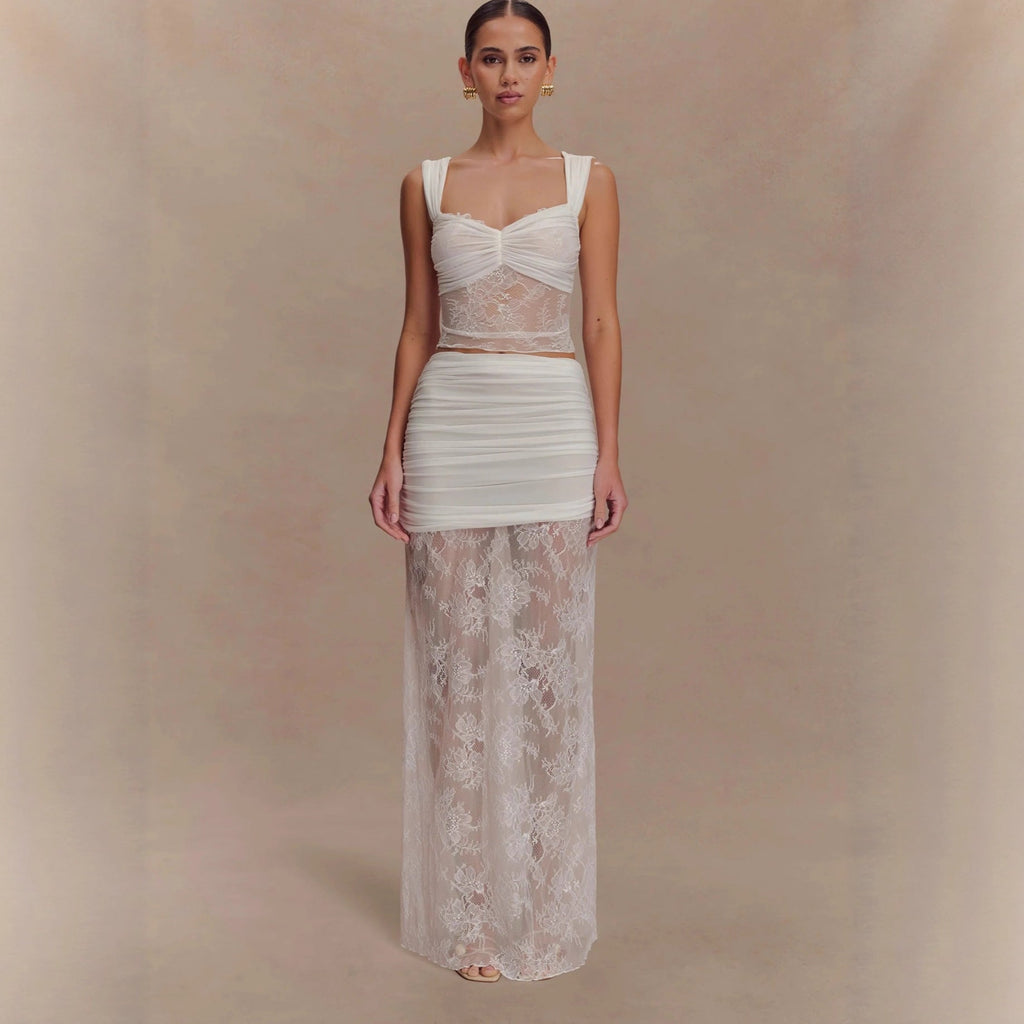 Fashion temperament lace suit skirt sexy hottie see-through top skirt two-piece suit women