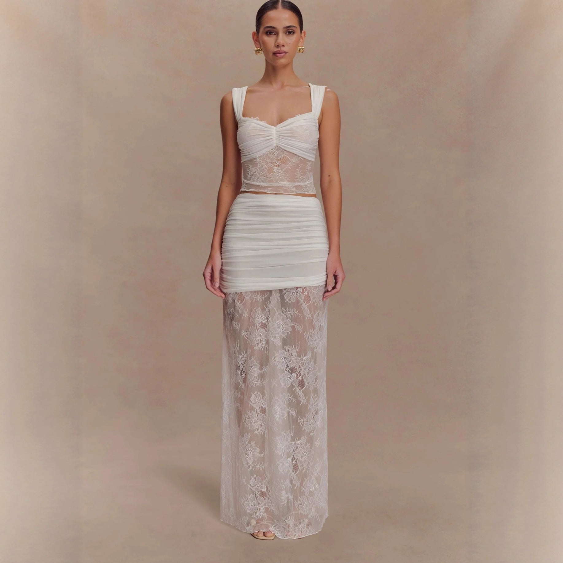 Fashion temperament lace suit skirt sexy hottie see-through top skirt two-piece suit women