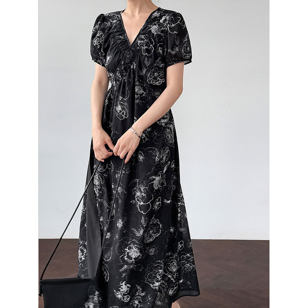 French classic ink painting floral one-piece dress, summer new high-end coffee break dress