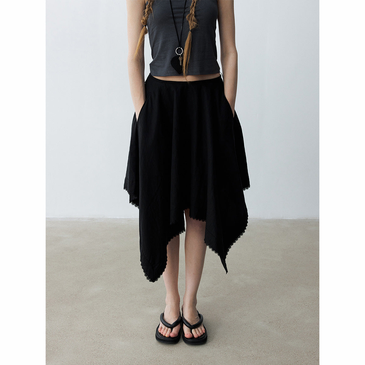 Summer new casual high-waisted Tencel irregular square lace edge medium-length skirt