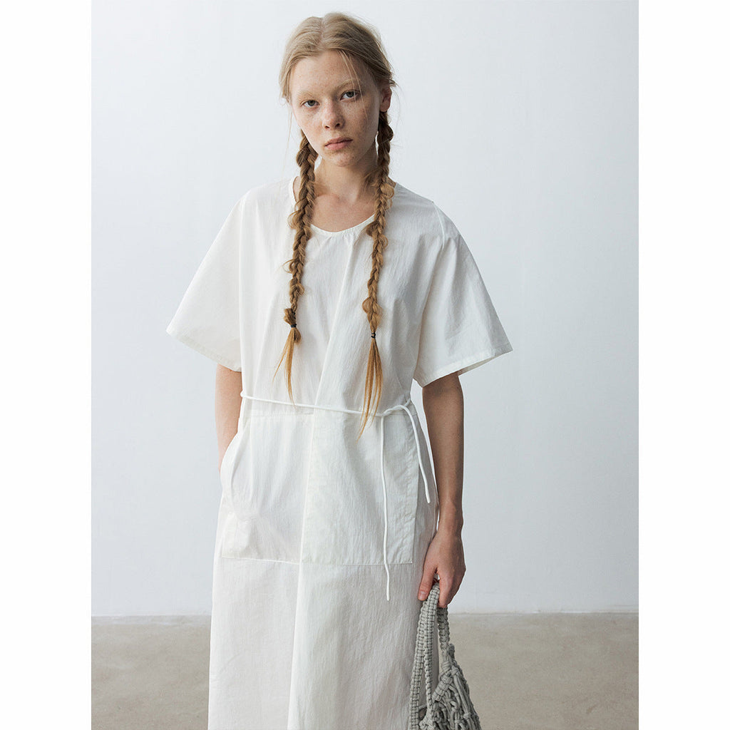 U-neck neck moonlight short-sleeved cotton brocade long lace-up dress