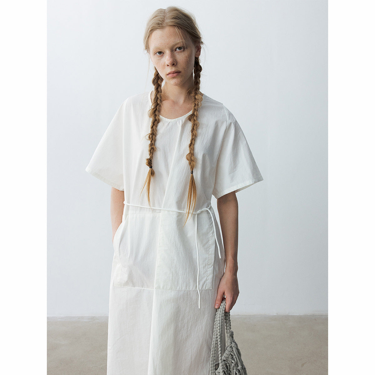 U-neck neck moonlight short-sleeved cotton brocade long lace-up dress