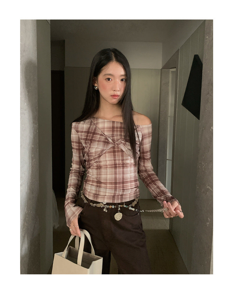 Slim Kink Design Slash Shoulder Plaid Long Sleeve Shirt