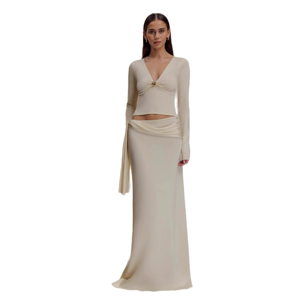 Fashion streamer sexy long-sleeved top skirt two-piece autumn and winter suit