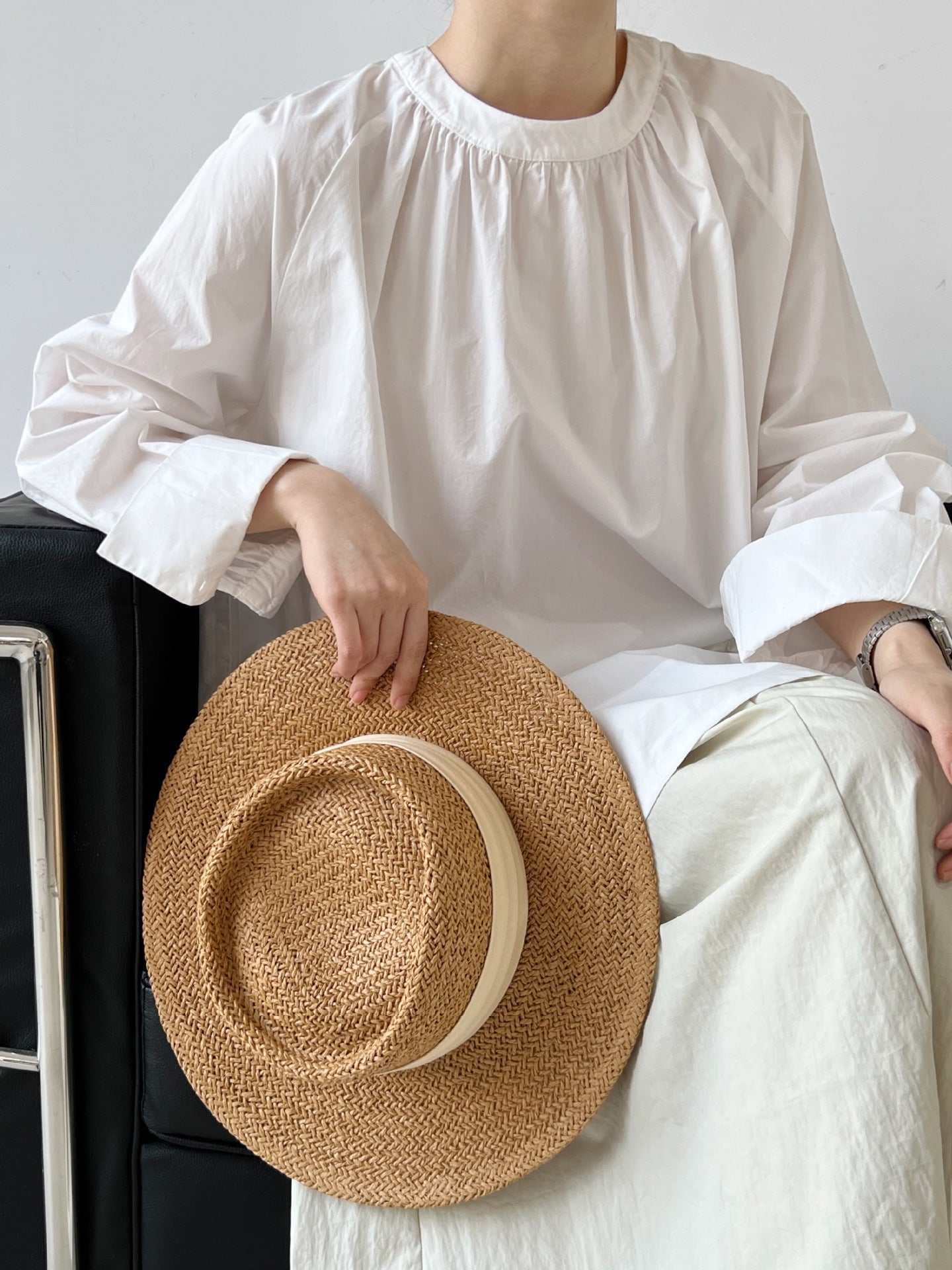 ins Korean loose and lazy basic round neck pleated shoulder sleeves medium and long sunscreen shirt