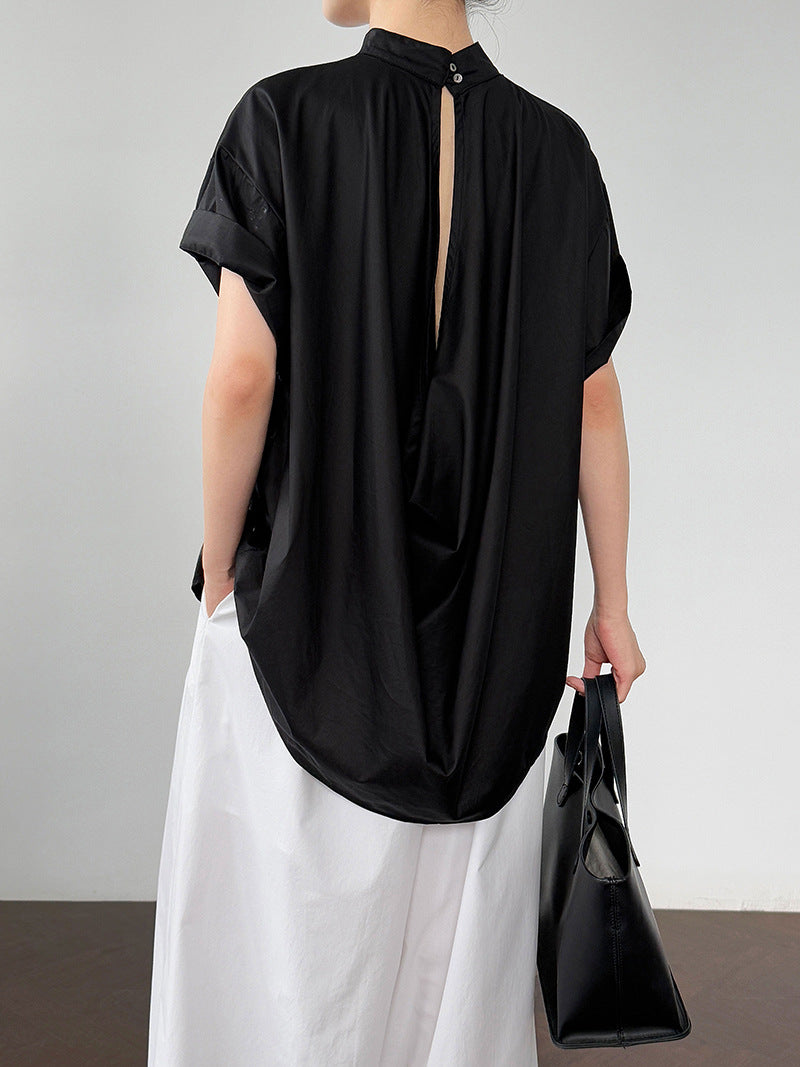 Korean-inspired, niche design blouse with a cutout back. new summer lightweight stand collar short-sleeve shirt for women