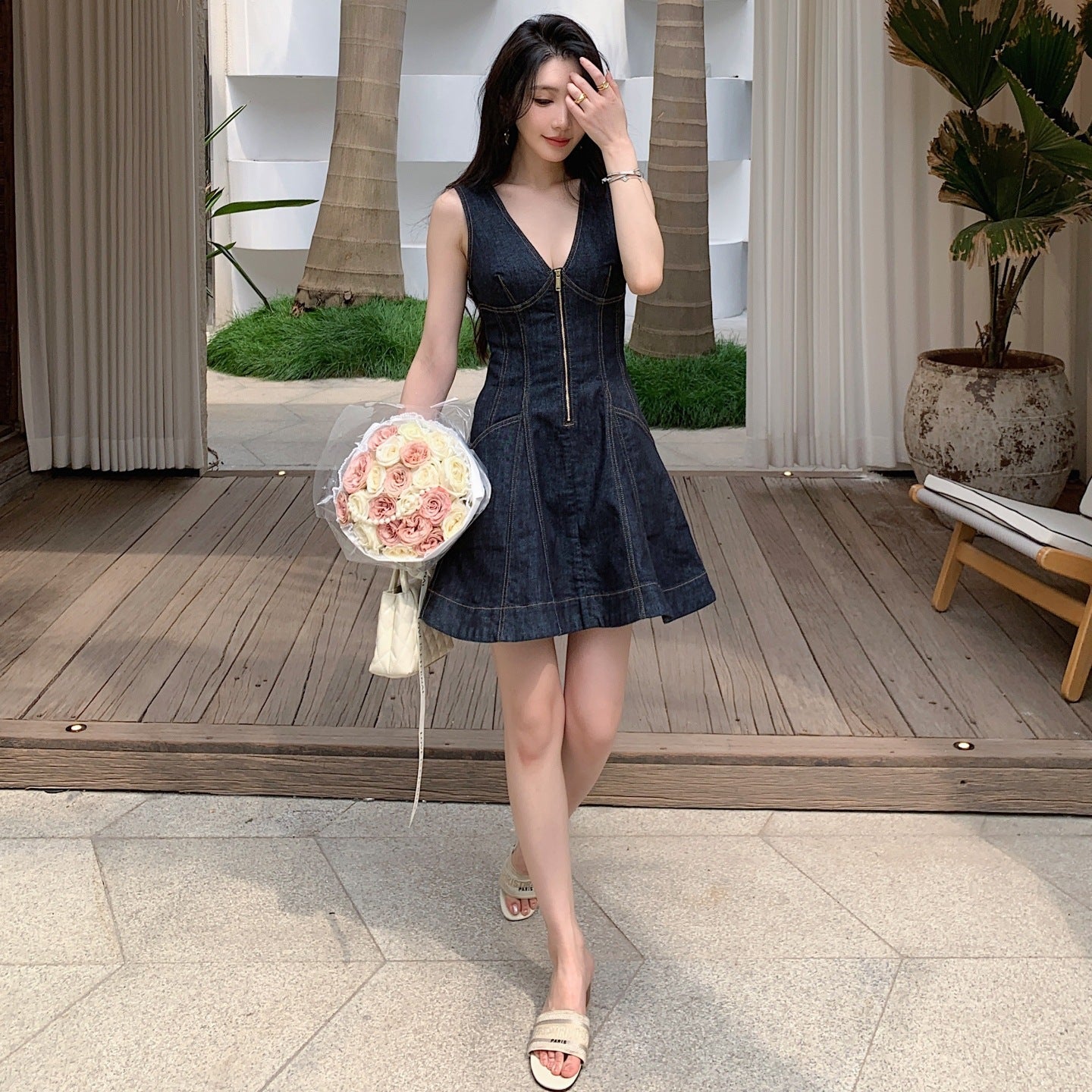 Denim Dress Women V-Neck Sleeveless High Waist A-Line Short