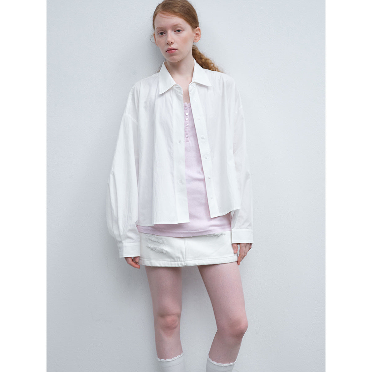 Spring new casual lapel solid color pure version basic triangular splicing short shirt