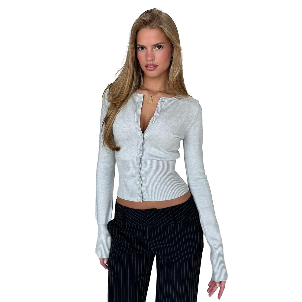 Round Neck Long Sleeve Cardigan Women Slim Fit Button-Front Knit Sweater