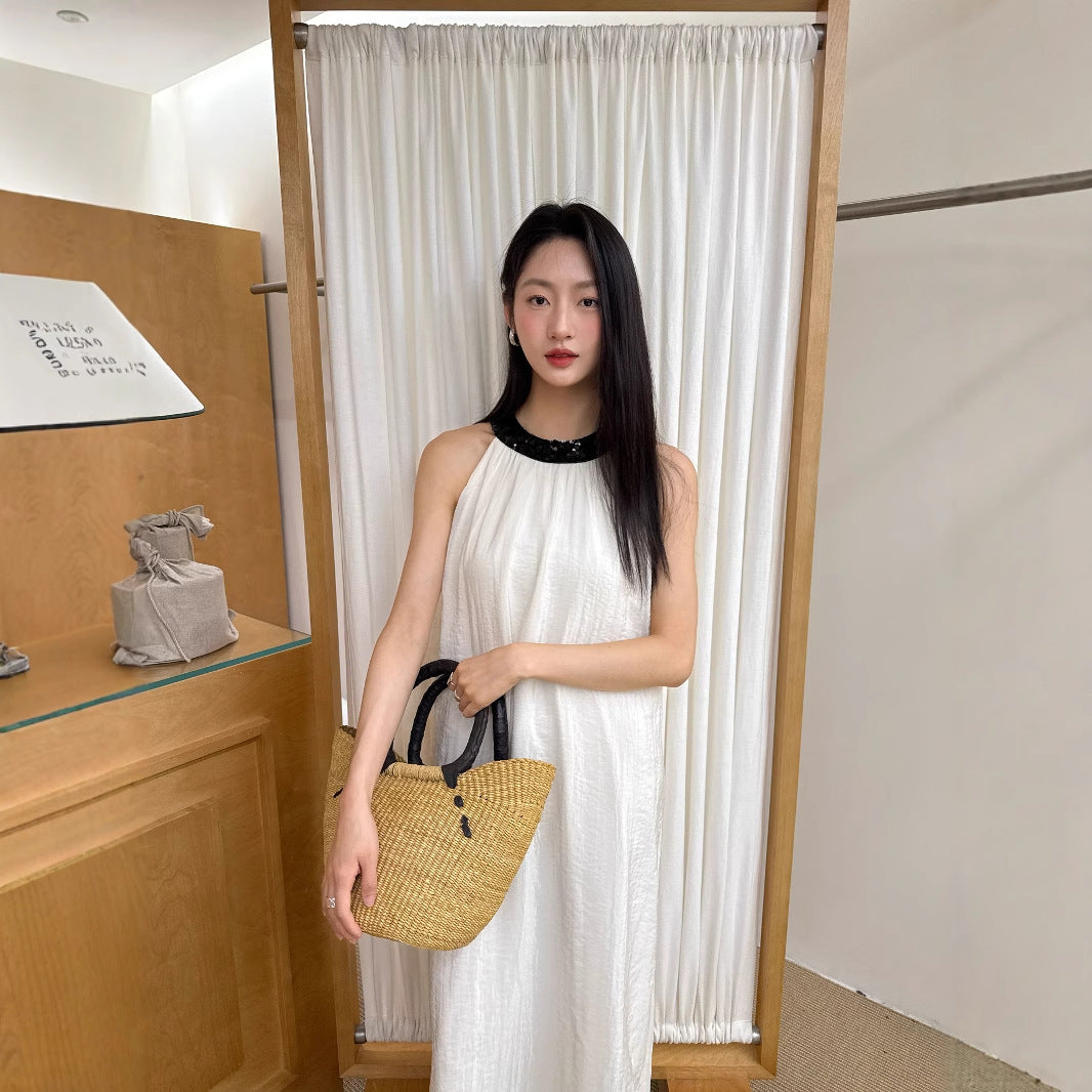 Contrast Color Halter Neck Sleeveless A-Line Maxi Dress
