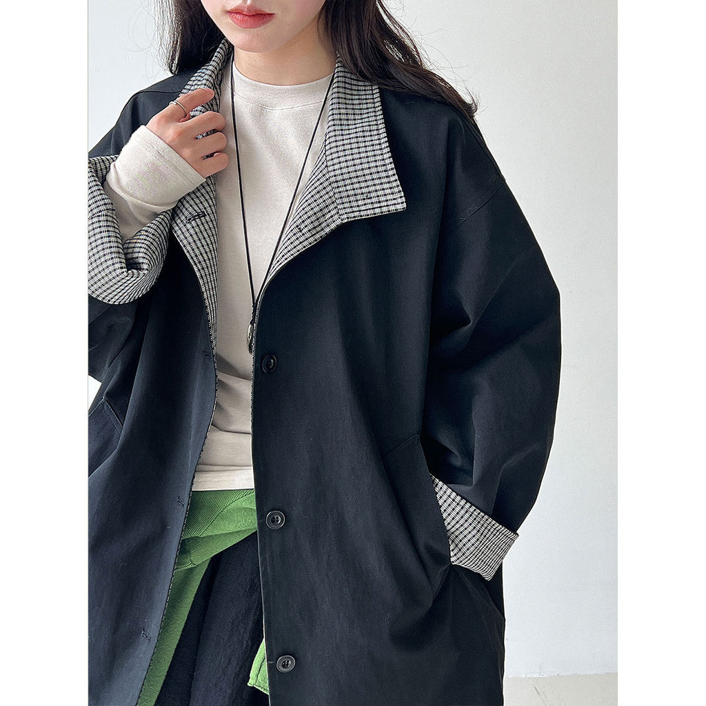 Plaid splicing stand-up collar British style medium and long trench coat women's autumn new silhouette loose coat